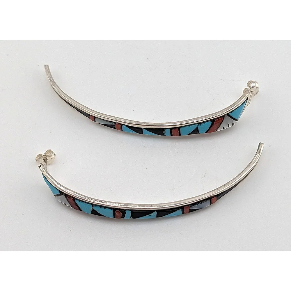 Zuni Turquoise coral Inlay Earrings 925 Sterling Silver Curved Signed P. Lucio *